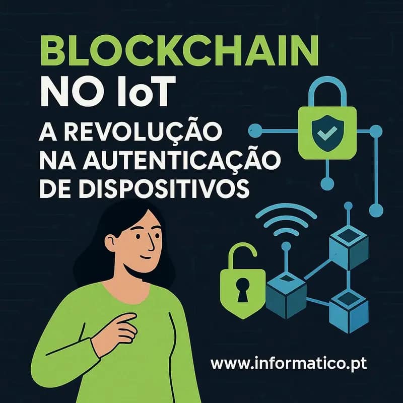 Cadeias de blocos e dispositivos IoT exibidos numa rede conectada.