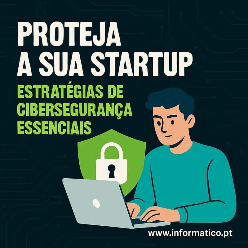 Imagem conceptual mostrando um escudo digital protegendo os principais ativos de uma startup, com código binário e uma linha do horizonte urbana ao fundo.