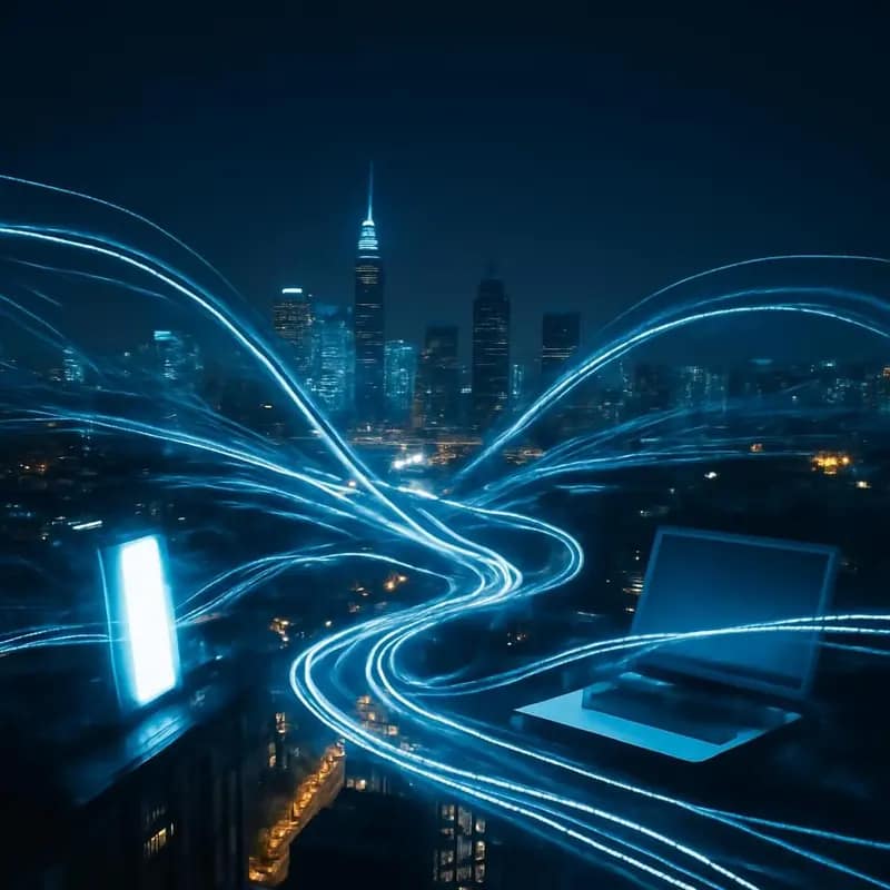 5G e a transformação nos sistemas de telecomunicações 1 Cidade iluminada com dados a fluir, representando o aumento de velocidade e capacidade do 5G.