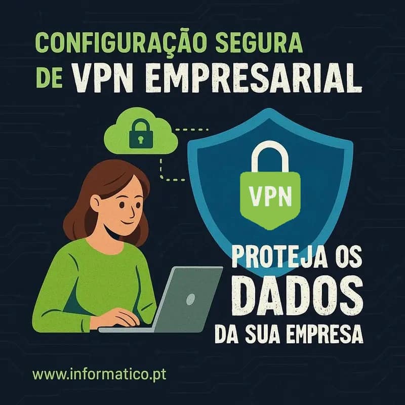 Rede segura com nós digitais e esferas representando uma VPN robusta numa configuração corporativa.