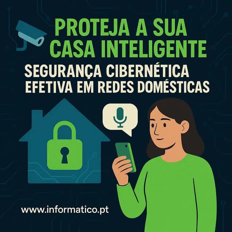 Uma casa inteligente futurista com dispositivos interconectados, sobreposta por um escudo digital simbolizando segurança cibernética.