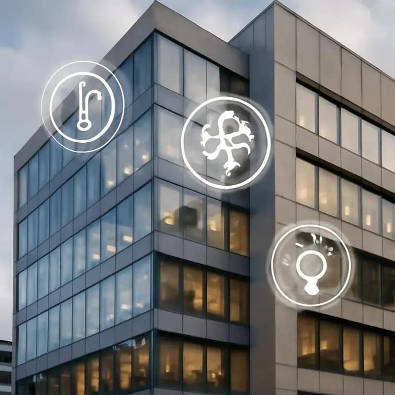Monitorização Inteligente: Otimizando a energia nos edifícios 1 Sensores monitorizam sistemas de um edifício para melhorar a eficiência energética.