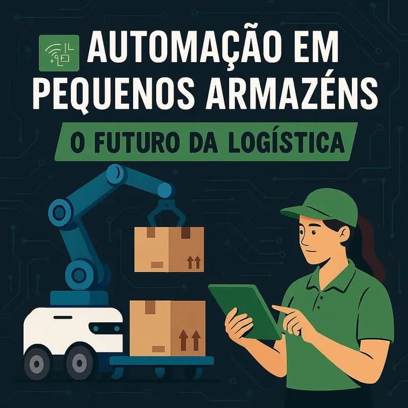 Testar Velocidade internet 2 Design digital mostrando automação em pequenos armazéns com robôs e tecnologia.
